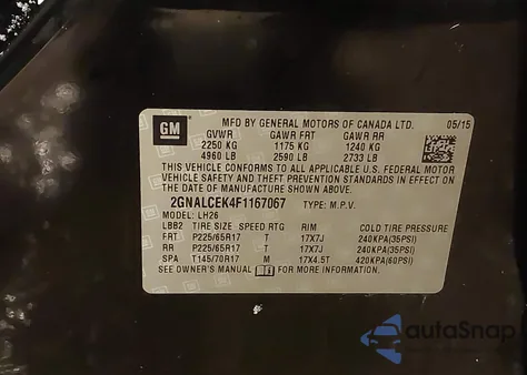 2015 Chevrolet Equinox 2Lt из США, поврежденный, VIN 2GNALCEK4F1167067